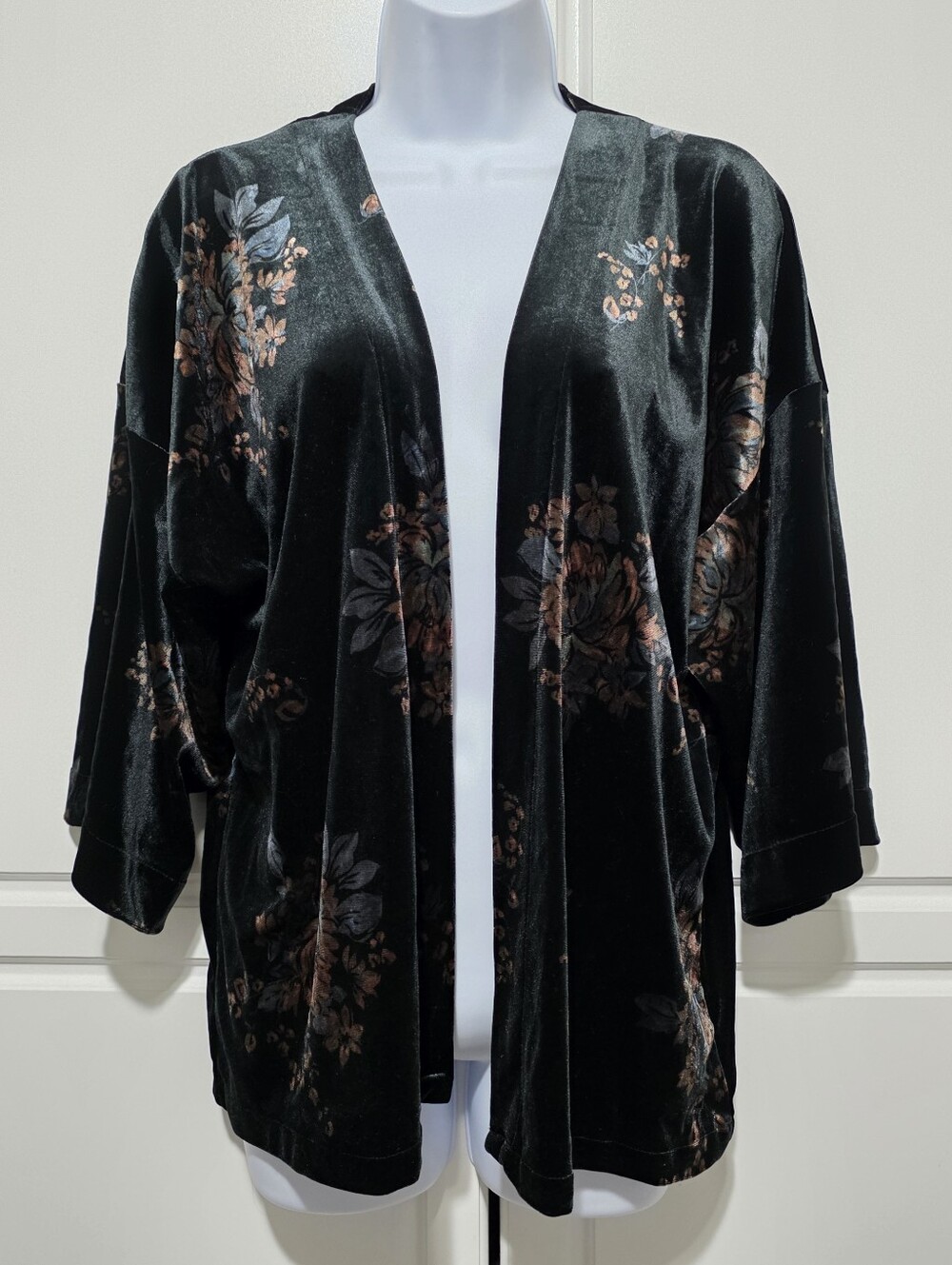 Loft Womens Black Floral Velvet Kimono Cardigan Open Front Wide Sleeve Romantic